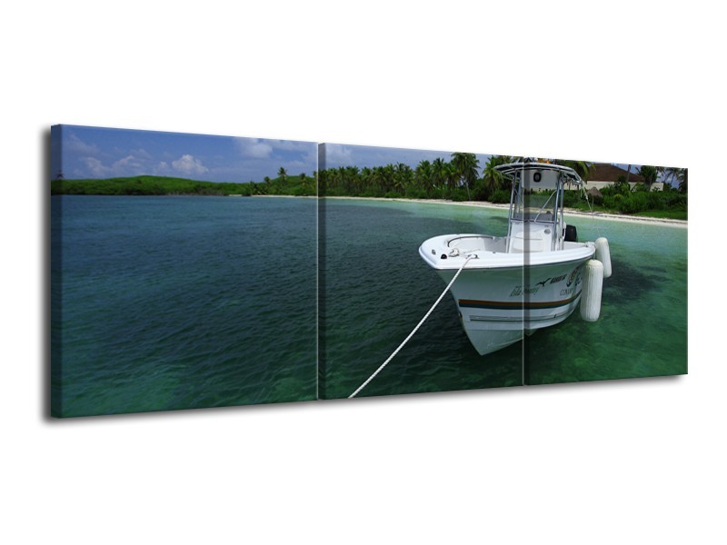 Canvas Schilderij Boot, Natuur | Groen, Blauw, Wit | 120x40cm 3Luik