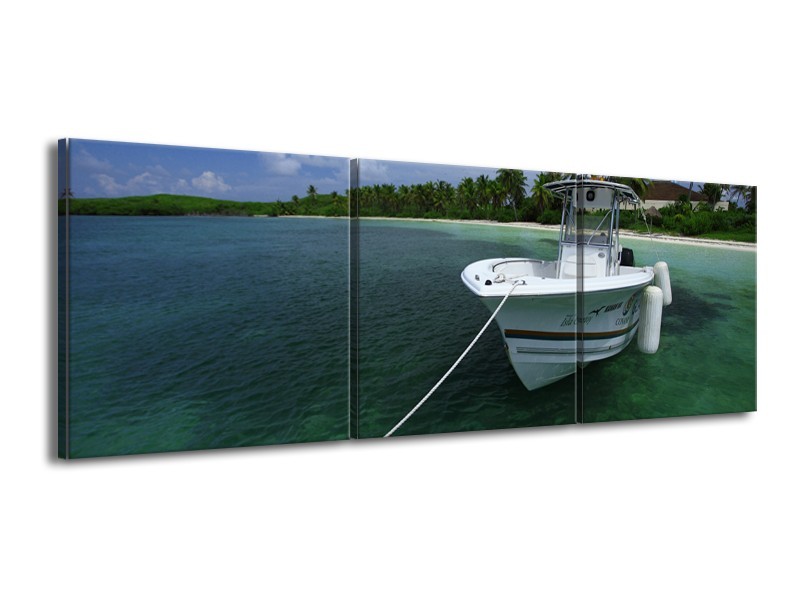 Canvas Schilderij Boot, Natuur | Groen, Blauw, Wit | 150x50cm 3Luik