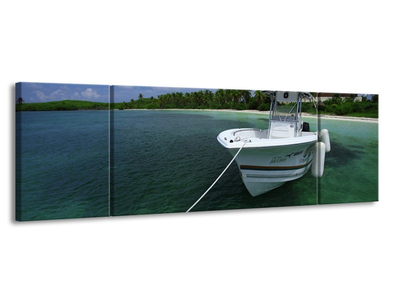 Glasschilderij Boot, Natuur | Groen, Blauw, Wit | 170x50cm 3Luik