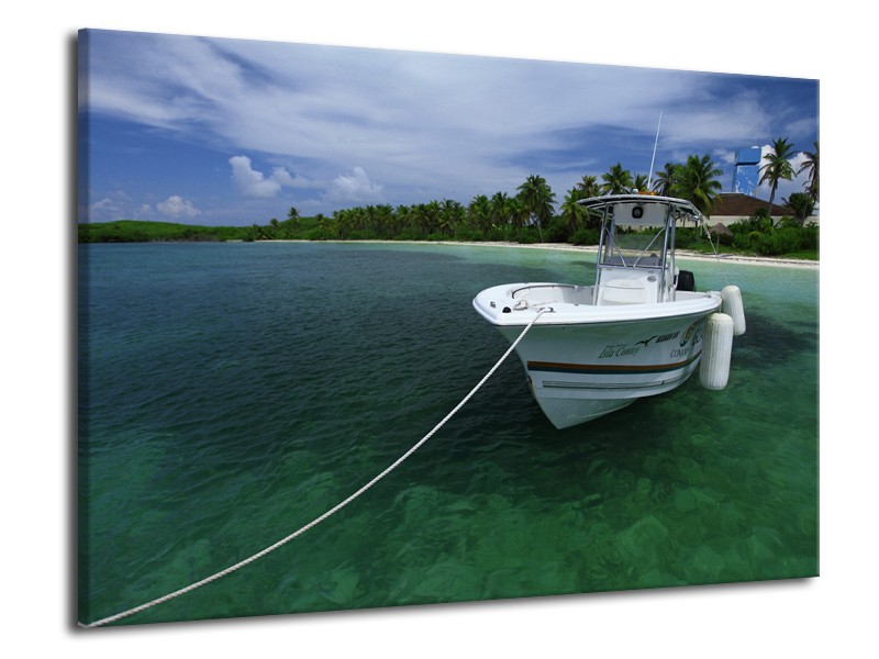 Canvas Schilderij Boot, Natuur | Groen, Blauw, Wit | 70x50cm 1Luik