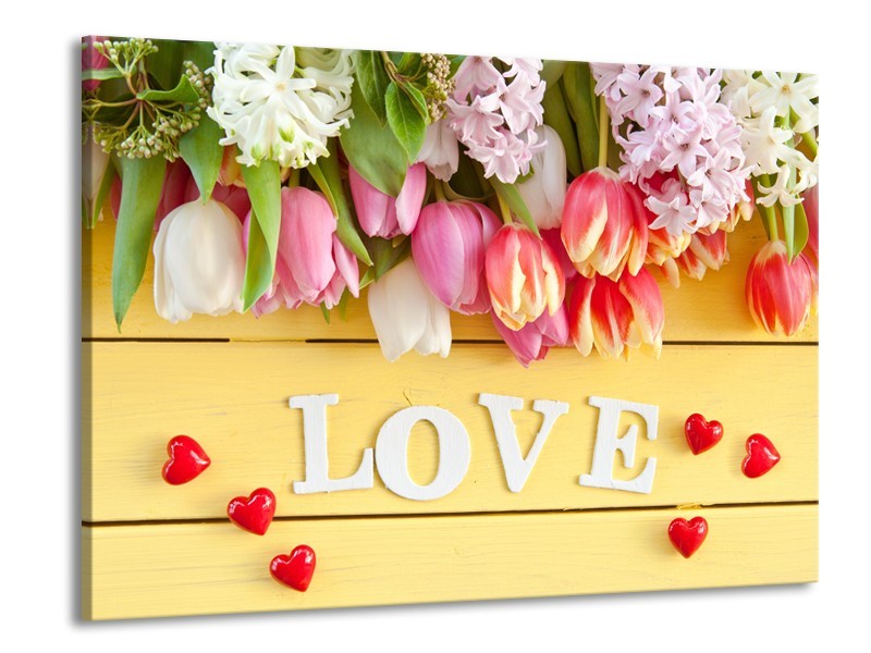 Canvas Schilderij Tulpen, Bloemen | Geel, Roze, Wit | 100x70cm 1Luik