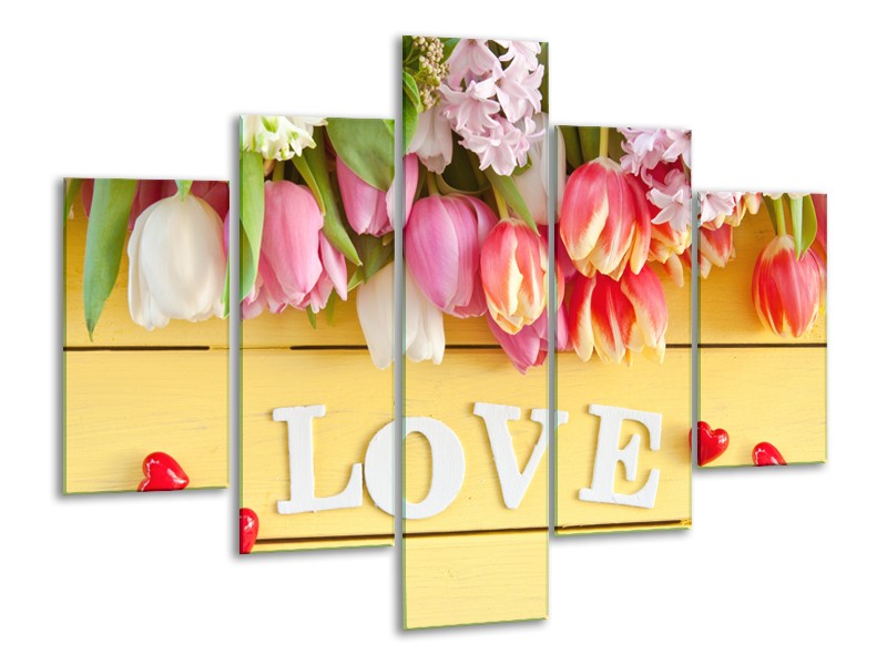 Canvas Schilderij Tulpen, Bloemen | Geel, Roze, Wit | 100x70cm 5Luik