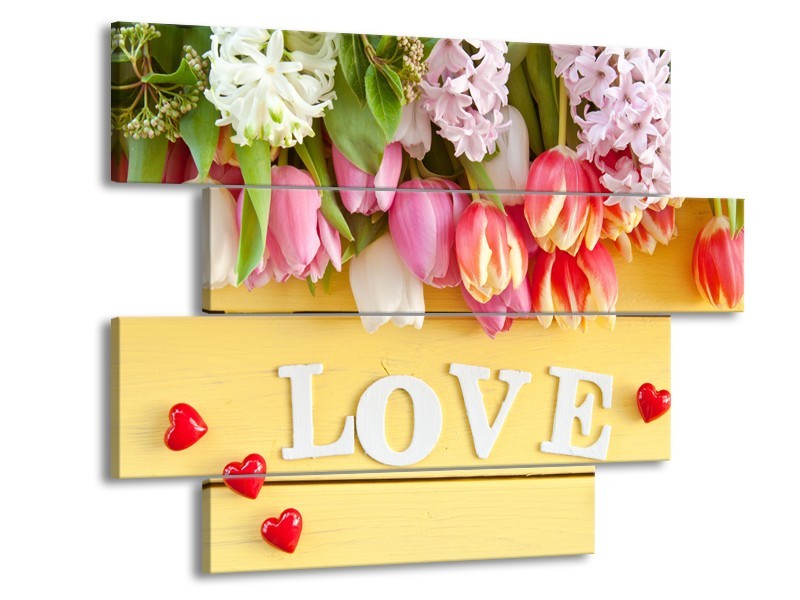 Canvas Schilderij Tulpen, Bloemen | Geel, Roze, Wit | 115x85cm 4Luik