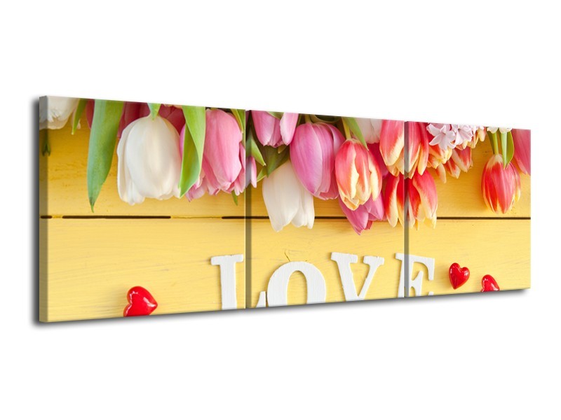 Canvas Schilderij Tulpen, Bloemen | Geel, Roze, Wit | 120x40cm 3Luik