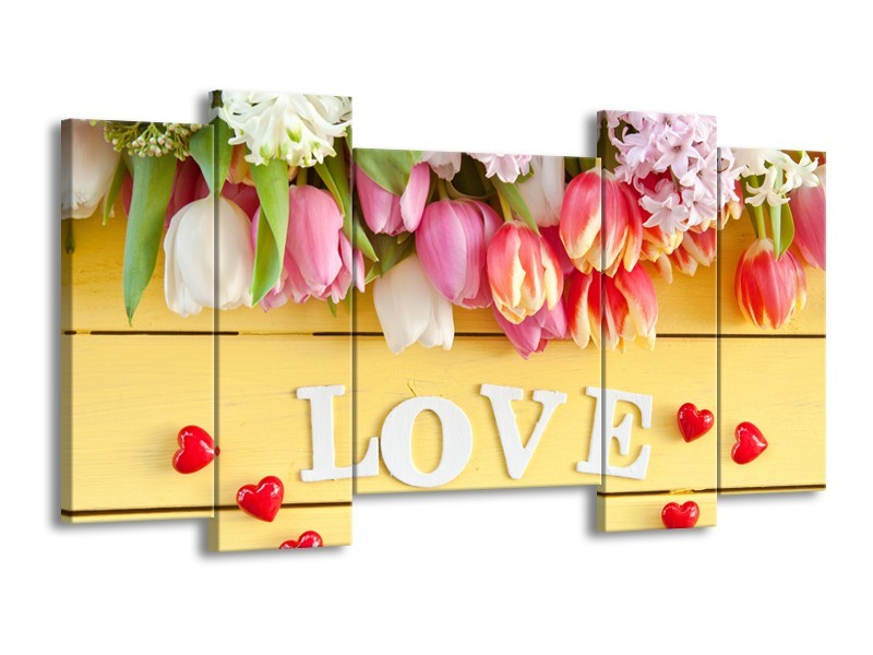 Canvas Schilderij Tulpen, Bloemen | Geel, Roze, Wit | 120x65cm 5Luik