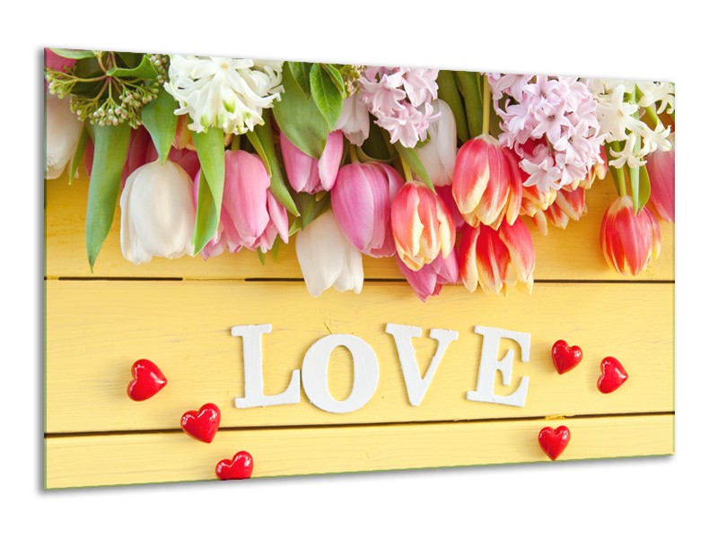 Canvas Schilderij Tulpen, Bloemen | Geel, Roze, Wit | 120x70cm 1Luik