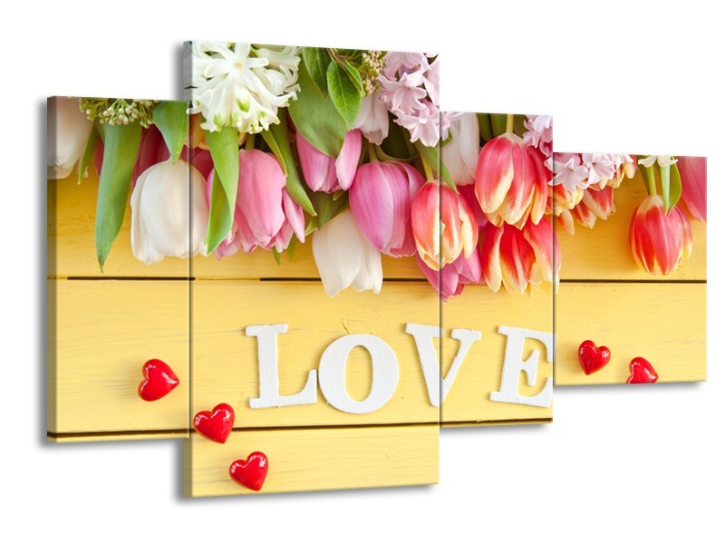 Canvas Schilderij Tulpen, Bloemen | Geel, Roze, Wit | 120x75cm 4Luik