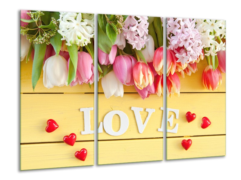 Canvas Schilderij Tulpen, Bloemen | Geel, Roze, Wit | 120x80cm 3Luik