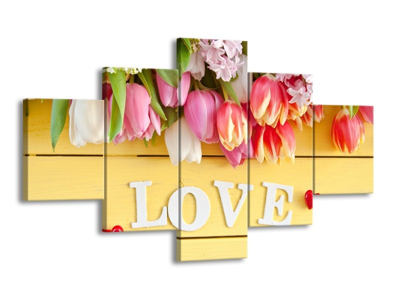 Glasschilderij Tulpen, Bloemen | Geel, Roze, Wit | 125x70cm 5Luik
