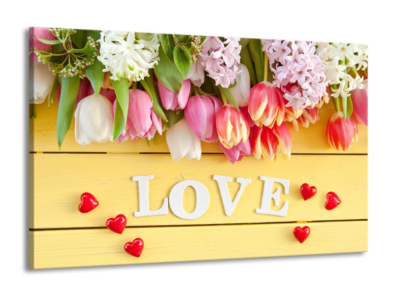 Canvas Schilderij Tulpen, Bloemen | Geel, Roze, Wit | 140x90cm 1Luik