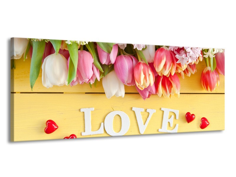 Glasschilderij Tulpen, Bloemen | Geel, Roze, Wit | 145x58cm 1Luik