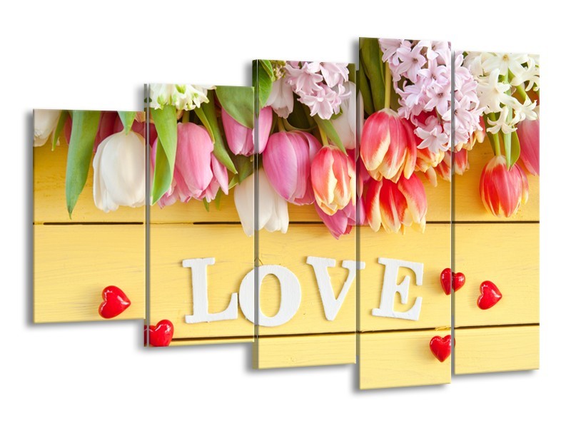 Glasschilderij Tulpen, Bloemen | Geel, Roze, Wit | 150x100cm 5Luik