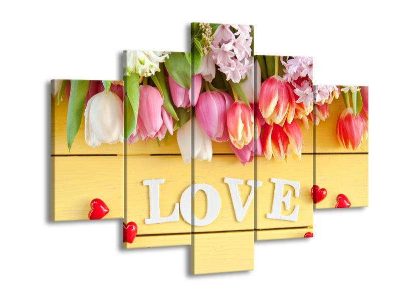 Canvas Schilderij Tulpen, Bloemen | Geel, Roze, Wit | 150x105cm 5Luik