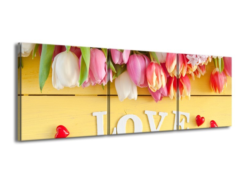 Canvas Schilderij Tulpen, Bloemen | Geel, Roze, Wit | 150x50cm 3Luik