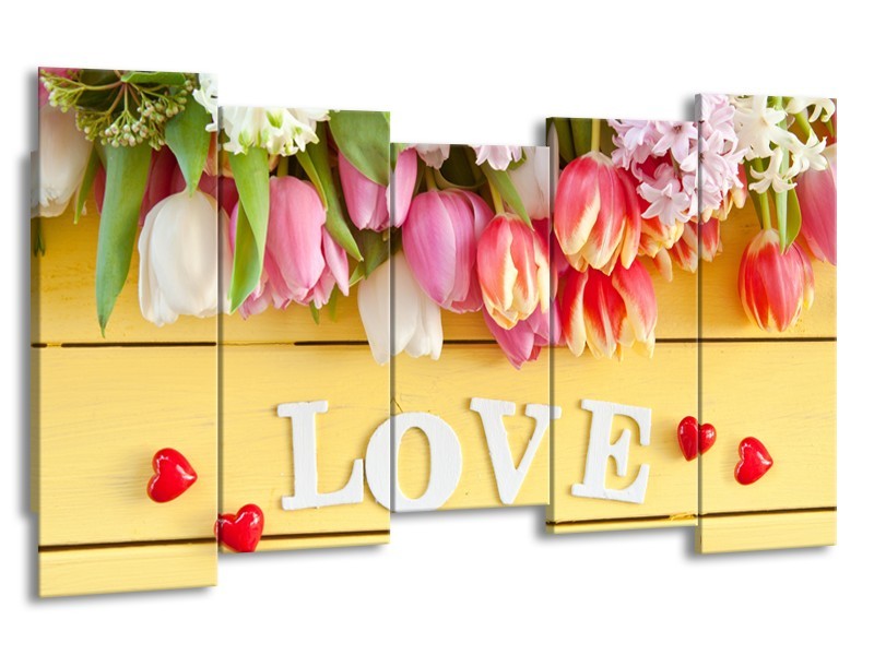 Canvas Schilderij Tulpen, Bloemen | Geel, Roze, Wit | 150x80cm 5Luik