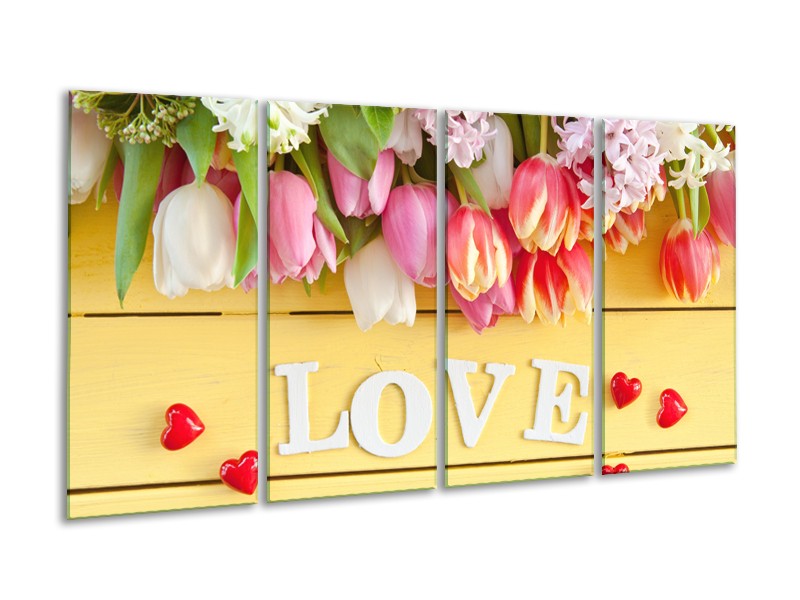 Canvas Schilderij Tulpen, Bloemen | Geel, Roze, Wit | 160x80cm 4Luik