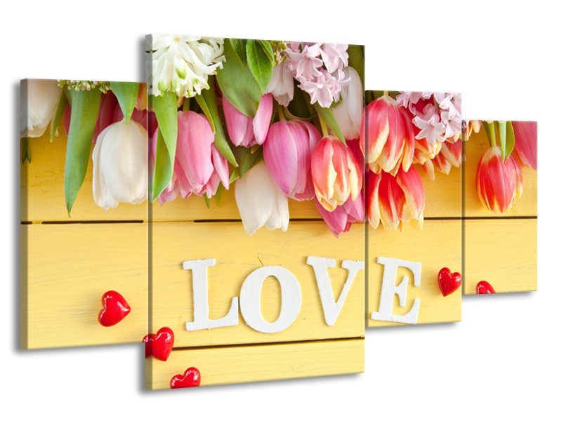 Canvas Schilderij Tulpen, Bloemen | Geel, Roze, Wit | 160x90cm 4Luik