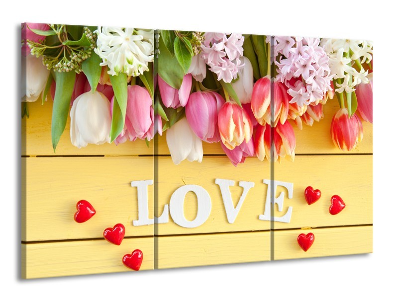 Canvas Schilderij Tulpen, Bloemen | Geel, Roze, Wit | 165x100cm 3Luik