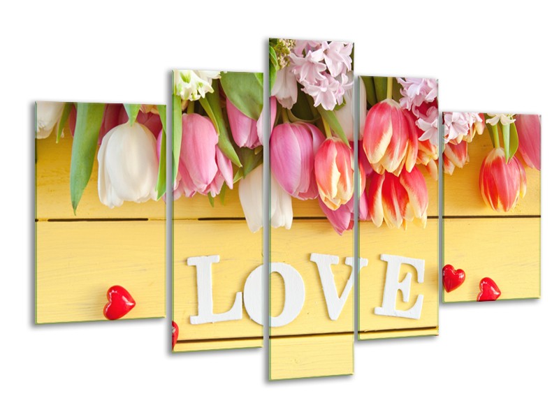 Canvas Schilderij Tulpen, Bloemen | Geel, Roze, Wit | 170x100cm 5Luik