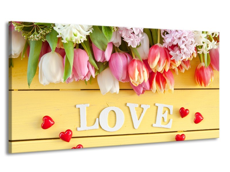 Canvas Schilderij Tulpen, Bloemen | Geel, Roze, Wit | 170x90cm 1Luik