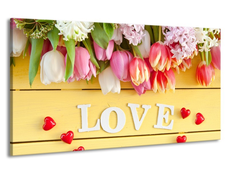 Canvas Schilderij Tulpen, Bloemen | Geel, Roze, Wit | 190x100cm 1Luik