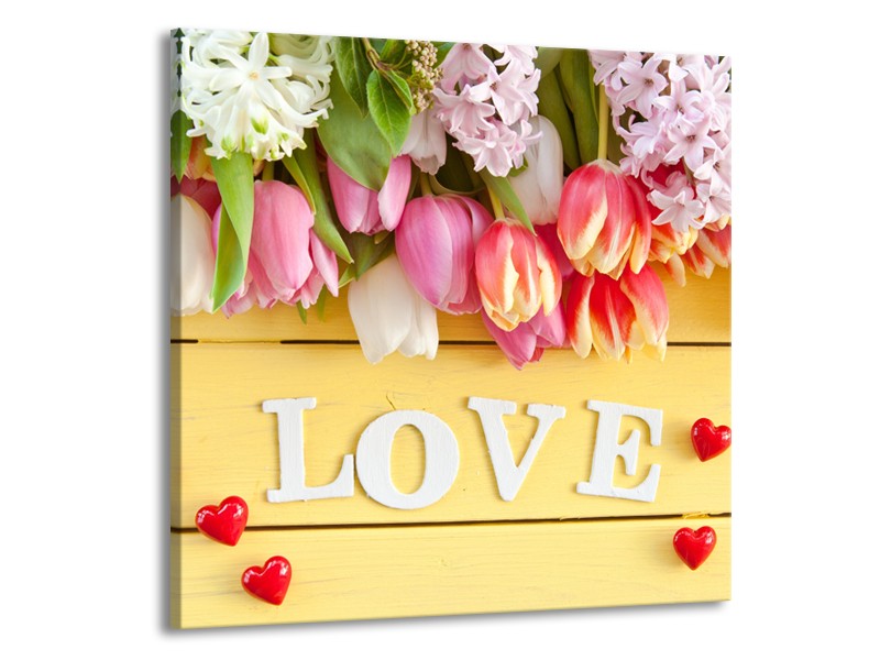 Glasschilderij Tulpen, Bloemen | Geel, Roze, Wit | 70x70cm 1Luik