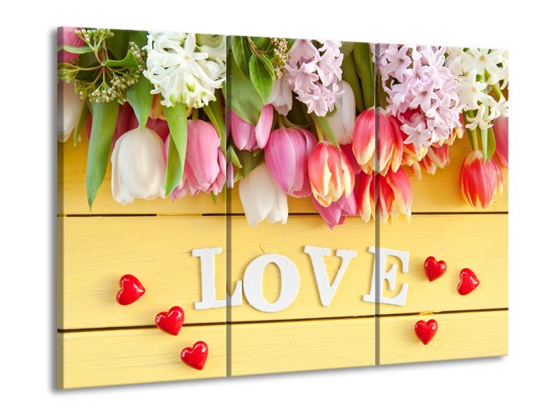 Canvas Schilderij Tulpen, Bloemen | Geel, Roze, Wit | 60x90cm 3Luik