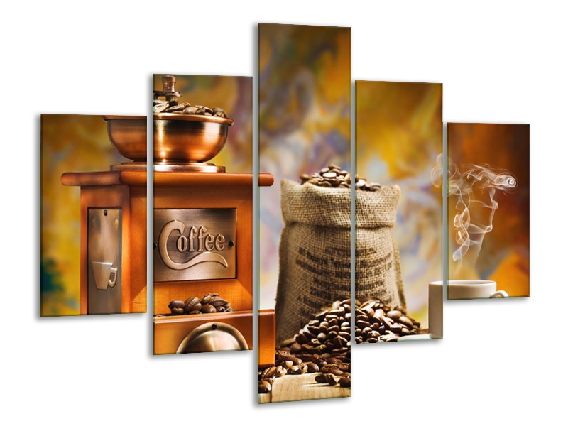 Canvas Schilderij Koffie, Keuken | Bruin, Geel, Oranje | 100x70cm 5Luik
