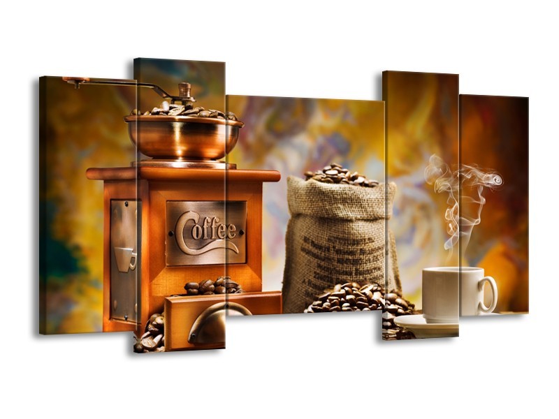 Canvas Schilderij Koffie, Keuken | Bruin, Geel, Oranje | 120x65cm 5Luik