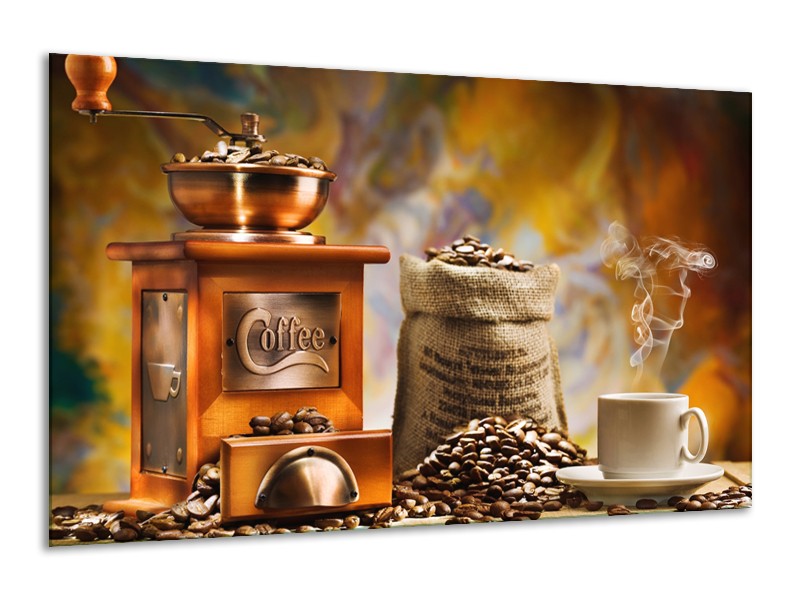 Glasschilderij Koffie, Keuken | Bruin, Geel, Oranje | 120x70cm 1Luik