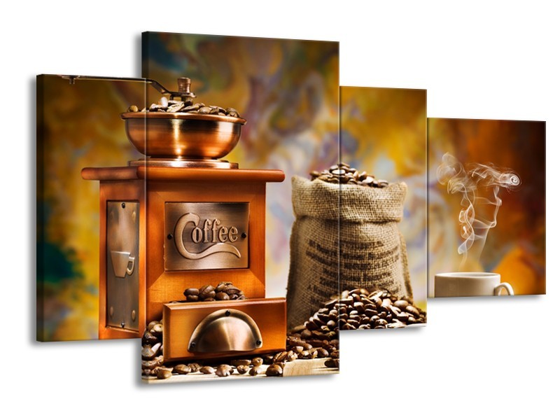 Canvas Schilderij Koffie, Keuken | Bruin, Geel, Oranje | 120x75cm 4Luik