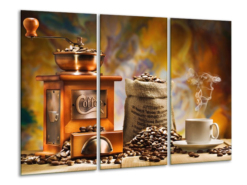 Canvas Schilderij Koffie, Keuken | Bruin, Geel, Oranje | 120x80cm 3Luik