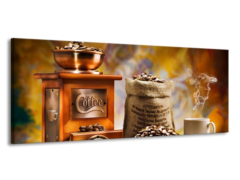 Glasschilderij Koffie, Keuken | Bruin, Geel, Oranje | 145x58cm 1Luik