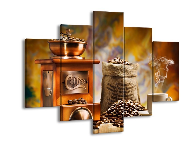 Glasschilderij Koffie, Keuken | Bruin, Geel, Oranje | 150x105cm 5Luik