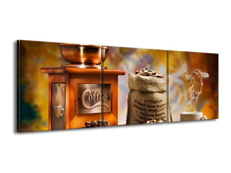 Canvas Schilderij Koffie, Keuken | Bruin, Geel, Oranje | 150x50cm 3Luik