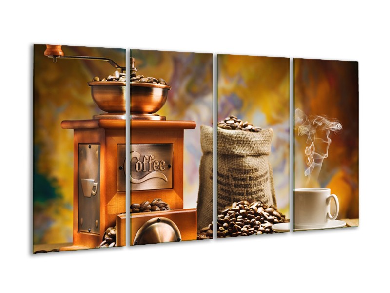 Canvas Schilderij Koffie, Keuken | Bruin, Geel, Oranje | 160x80cm 4Luik