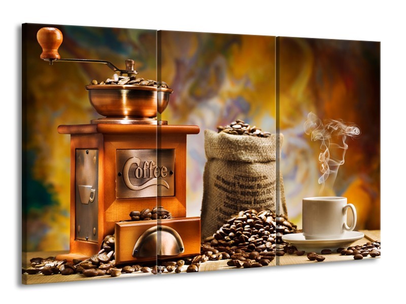 Glasschilderij Koffie, Keuken | Bruin, Geel, Oranje | 165x100cm 3Luik