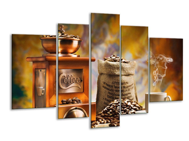 Canvas Schilderij Koffie, Keuken | Bruin, Geel, Oranje | 170x100cm 5Luik