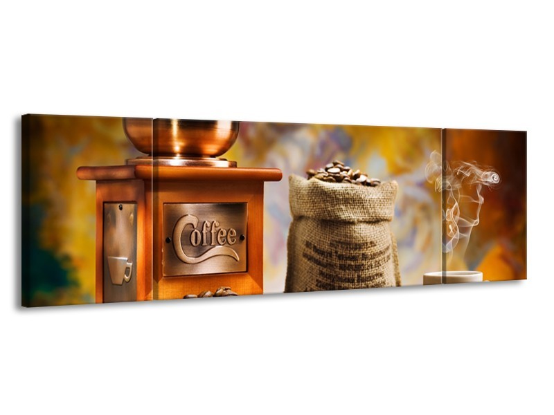 Glasschilderij Koffie, Keuken | Bruin, Geel, Oranje | 170x50cm 3Luik