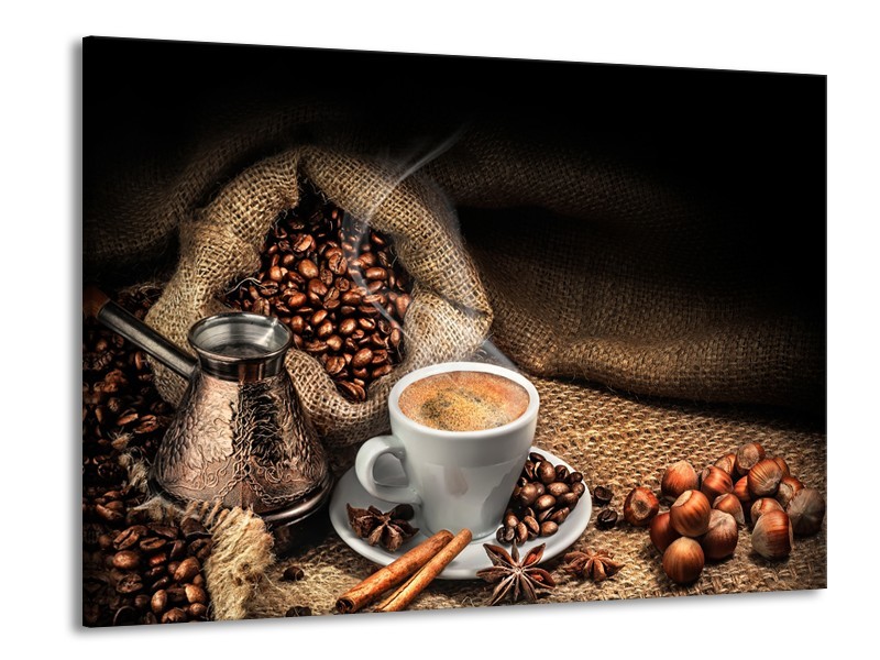 Canvas Schilderij Koffie, Keuken | Bruin, Geel, Wit | 100x70cm 1Luik