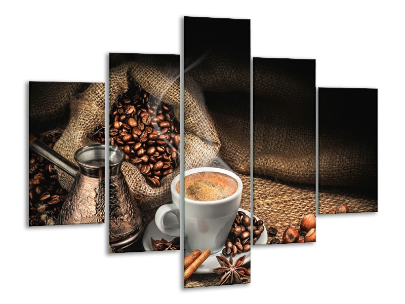 Canvas Schilderij Koffie, Keuken | Bruin, Geel, Wit | 100x70cm 5Luik