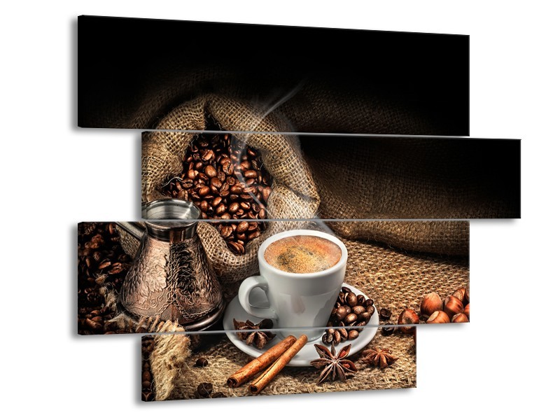 Canvas Schilderij Koffie, Keuken | Bruin, Geel, Wit | 115x85cm 4Luik