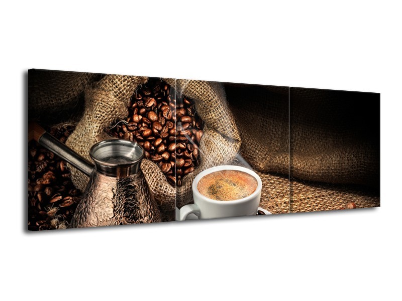 Canvas Schilderij Koffie, Keuken | Bruin, Geel, Wit | 120x40cm 3Luik