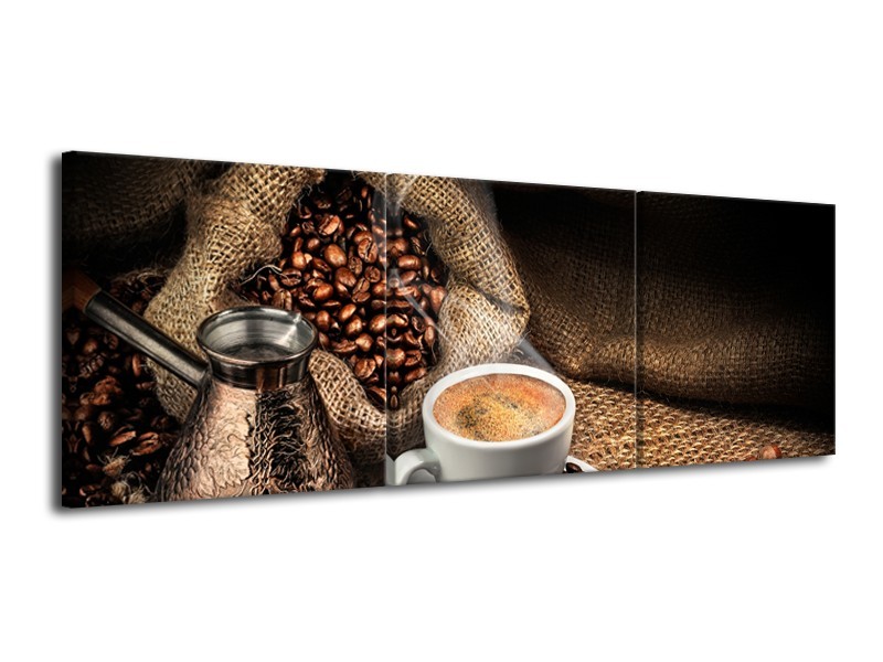 Glasschilderij Koffie, Keuken | Bruin, Geel, Wit | 120x40cm 3Luik