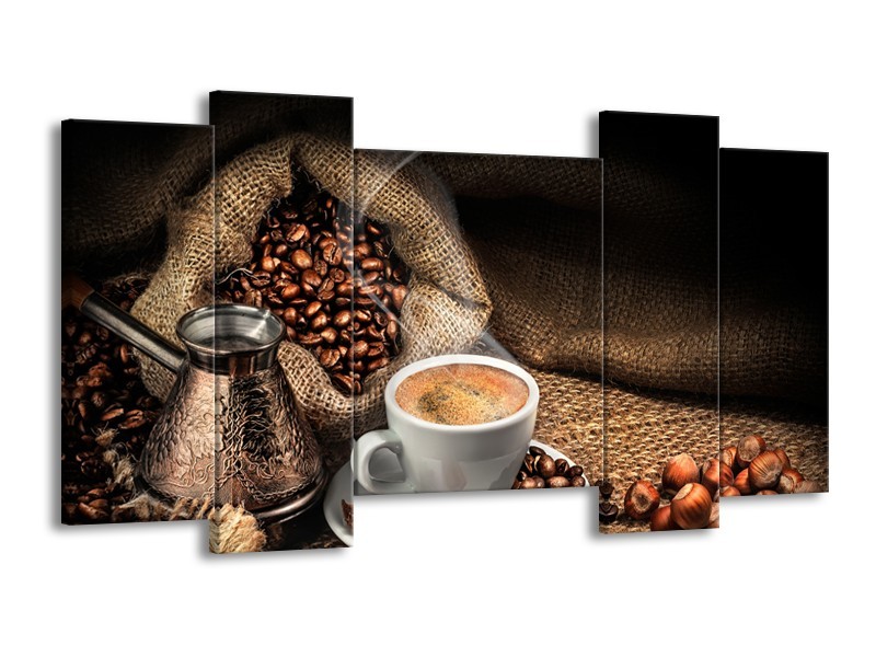 Canvas Schilderij Koffie, Keuken | Bruin, Geel, Wit | 120x65cm 5Luik