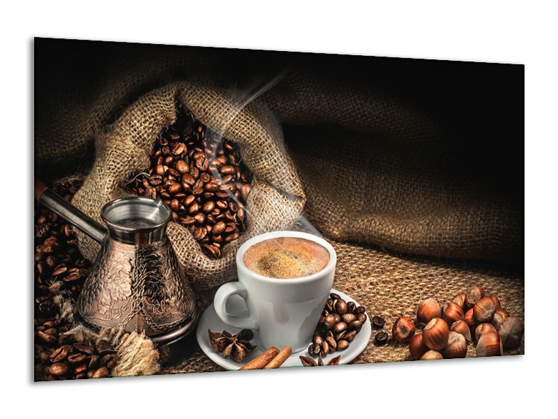 Glasschilderij Koffie, Keuken | Bruin, Geel, Wit | 120x70cm 1Luik