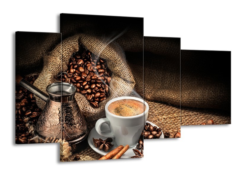 Canvas Schilderij Koffie, Keuken | Bruin, Geel, Wit | 120x75cm 4Luik