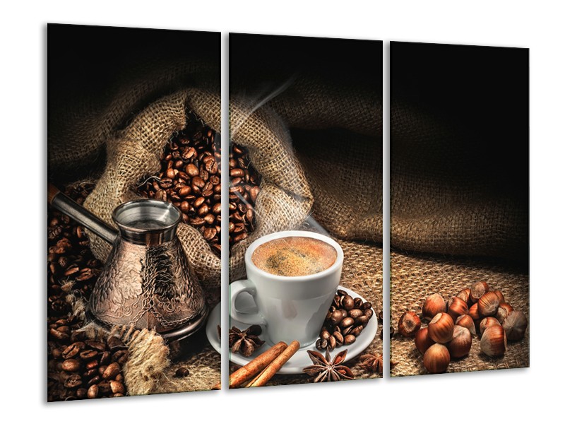 Glasschilderij Koffie, Keuken | Bruin, Geel, Wit | 120x80cm 3Luik