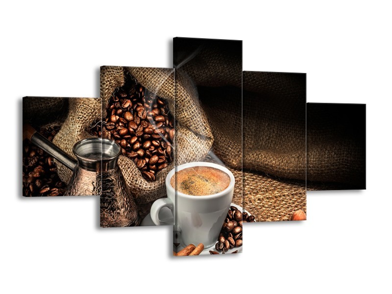 Canvas Schilderij Koffie, Keuken | Bruin, Geel, Wit | 125x70cm 5Luik