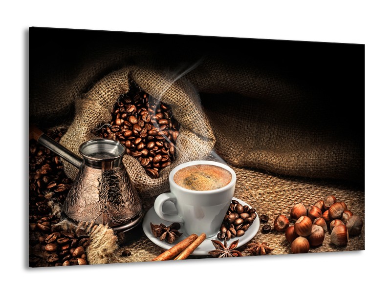 Glasschilderij Koffie, Keuken | Bruin, Geel, Wit | 140x90cm 1Luik